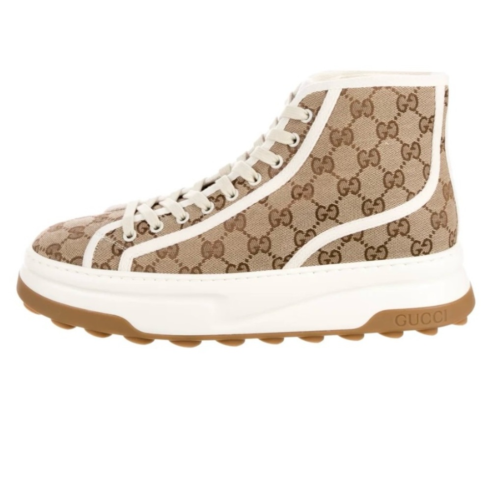 Gucci Beige Monogram High-Tops with White and Brown Accents